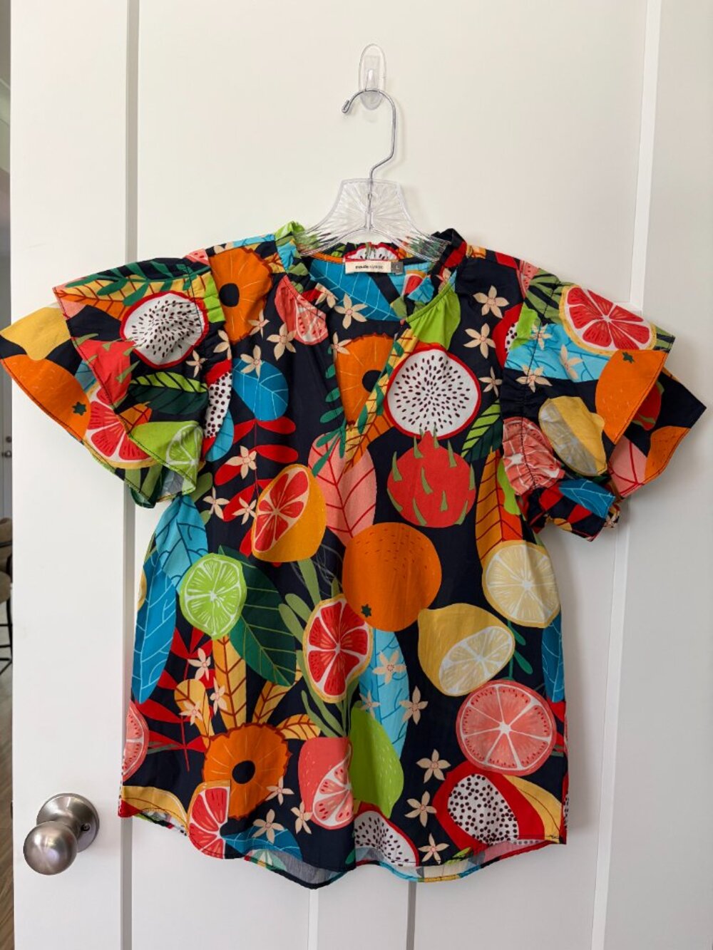 Maude Vivante Tropical Fruit Print Blouse L Cotton Flutter Sleeve Colorful Art